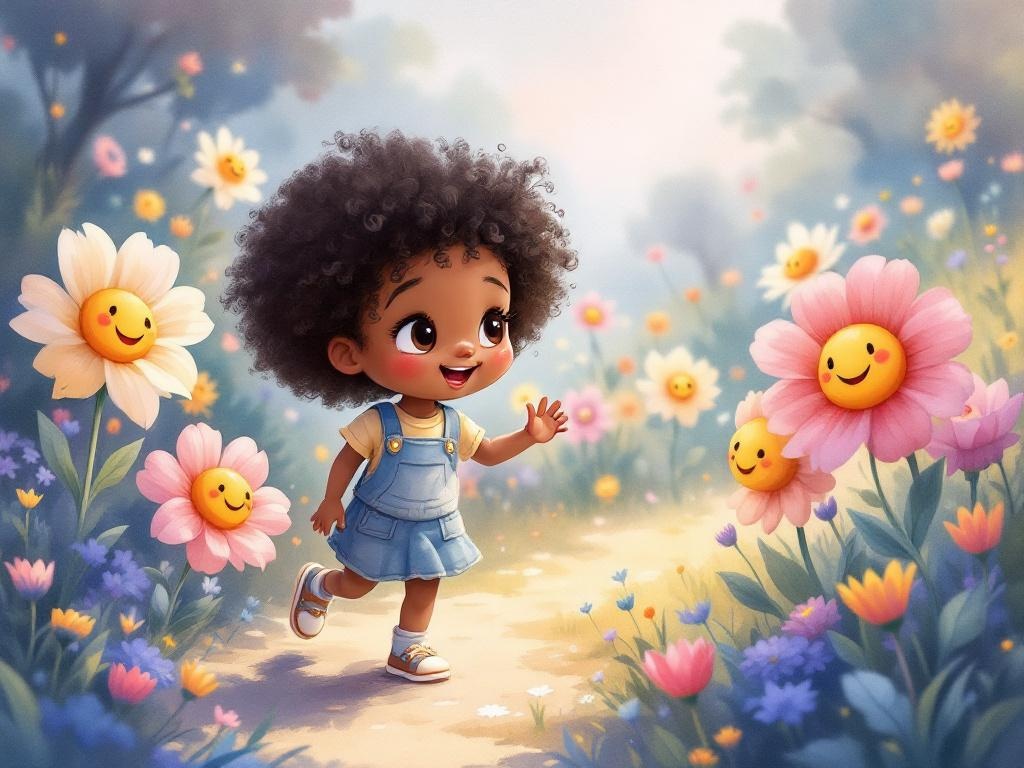 a 2 year old girl, dark tan skin, curly black hair, brown eyes, round chubby face, walking in a magical garden with colorful flowers that have happy smiling faces waving at her. Soft watercolor, children's picture book style, Ernest et Célestine animation aesthetic, warm pastel palette, gentle brushstrokes, visible paper texture, cozy tender atmosphere.